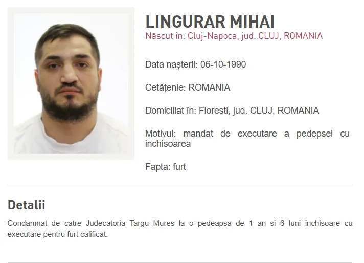 Bărbat din Florești, condamnat pentru furt calificat, căutat de Poliția Română