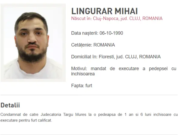 Bărbat din Florești, condamnat pentru furt calificat, căutat de Poliția Română